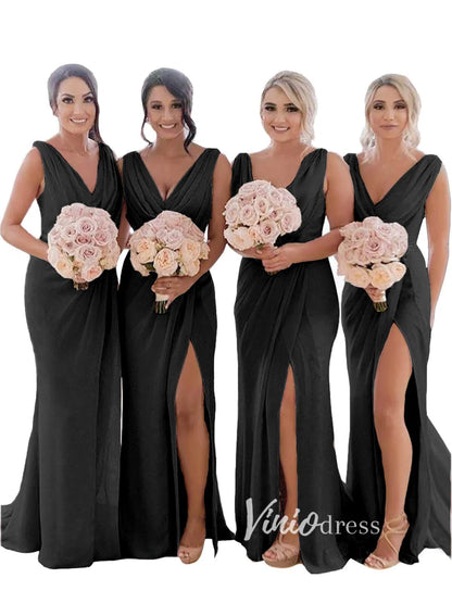 Modest Champagne Long Bridesmaid Dresses with Slit Viniodress VB1003-bridesmaid dresses 2025 -Viniodress-Champagne Blush-Custom Size-
