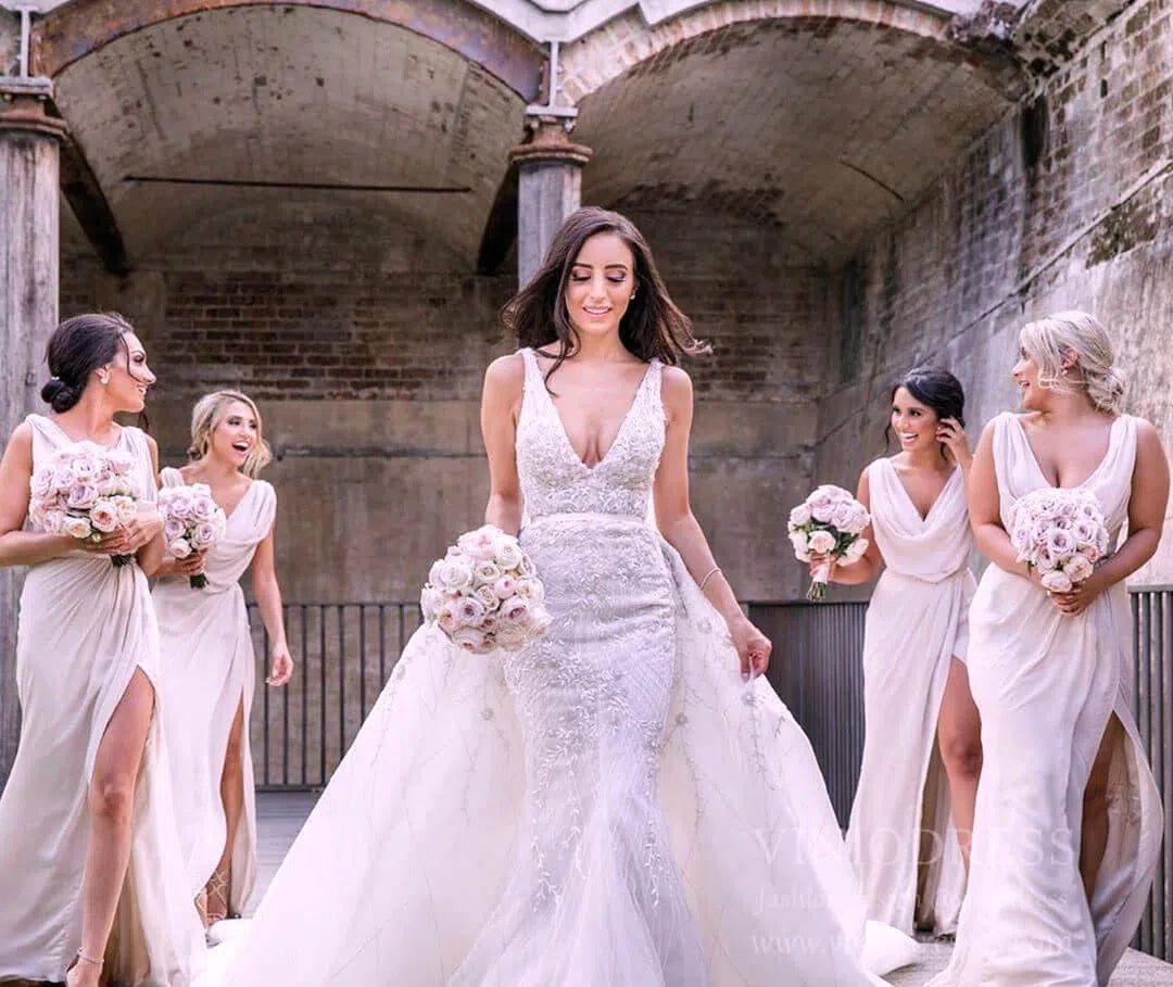 Modest Champagne Long Bridesmaid Dresses with Slit Viniodress VB1003-bridesmaid dresses 2025 -Viniodress-Champagne Blush-Custom Size-