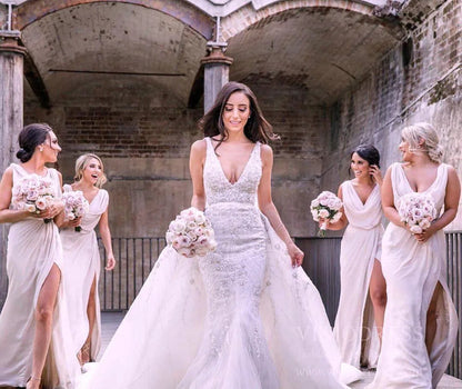 Modest Champagne Long Bridesmaid Dresses with Slit Viniodress VB1003-bridesmaid dresses 2025 -Viniodress-Champagne Blush-Custom Size-
