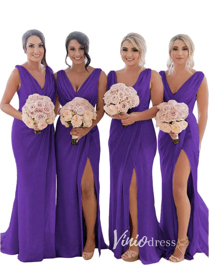 Modest Champagne Long Bridesmaid Dresses with Slit Viniodress VB1003-bridesmaid dresses 2025 -Viniodress-Champagne Blush-Custom Size-