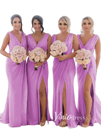 Modest Champagne Long Bridesmaid Dresses with Slit Viniodress VB1003-bridesmaid dresses 2025 -Viniodress-Champagne Blush-Custom Size-