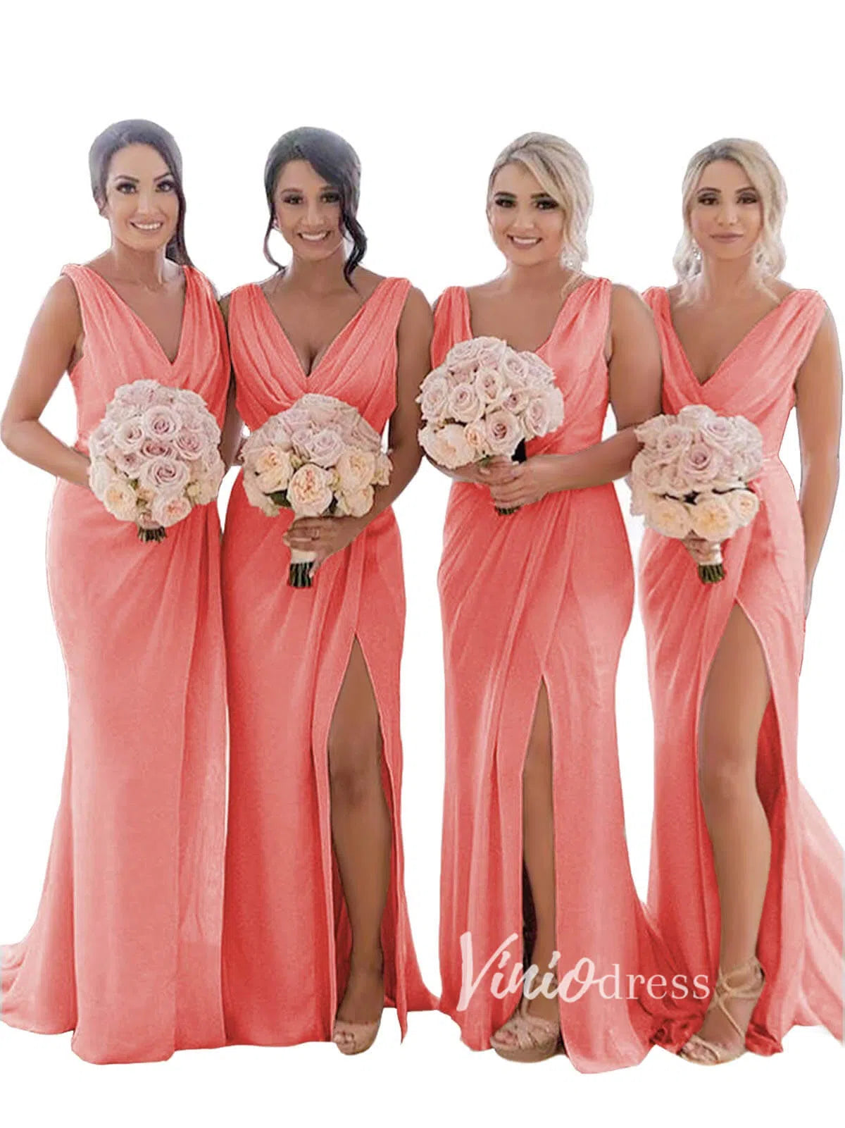 Modest Champagne Long Bridesmaid Dresses with Slit Viniodress VB1003-bridesmaid dresses-Viniodress-Viniodress