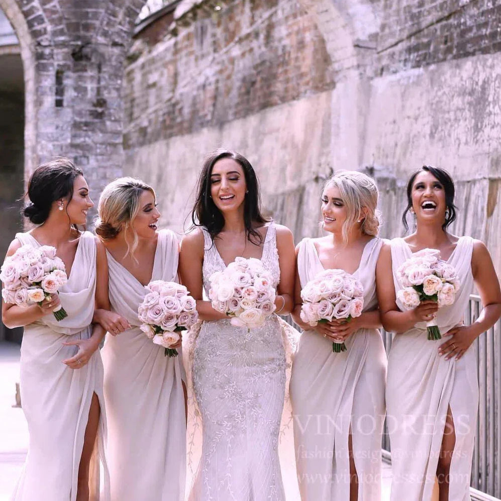 Modest Champagne Long Bridesmaid Dresses with Slit Viniodress VB1003