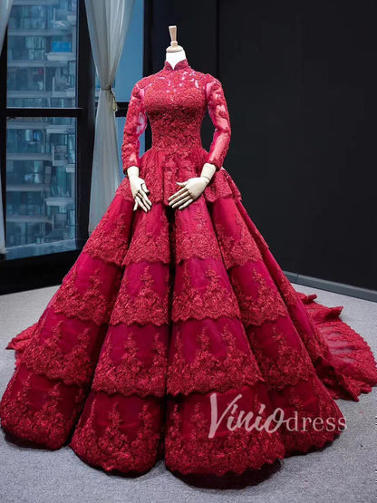 Modest Dark Red Lace Ball Gowns with Sleeves FD1217B viniodress-prom dresses 2025 -Viniodress-Rose Red-US 2-