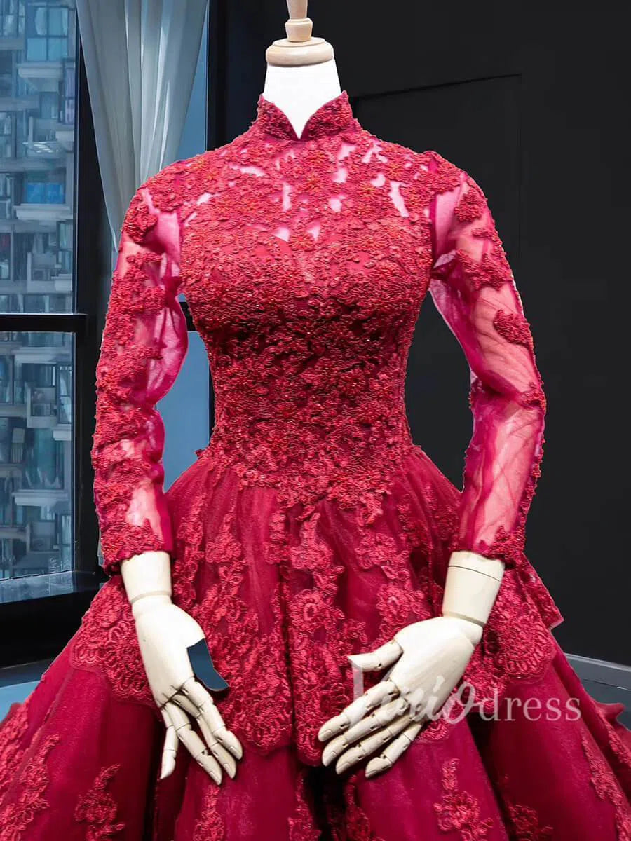 Prom Dress 2025 Modest Dark Red Lace Ball Gowns with Sleeves FD1217B viniodress-unique prom dresses-Rose Red-US 2-Viniodress