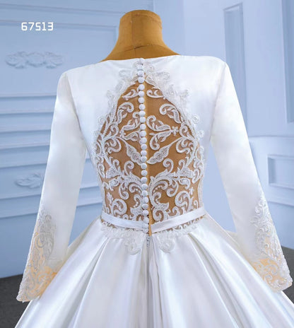 Modest Dubai Satin Wedding Dress Beaded Long Sleeve Ball Gown 67513-wedding dresses 2025 -Viniodress-Ivory-Custom Size-