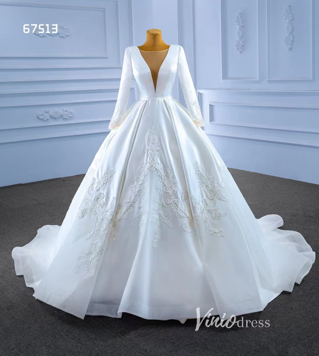Modest Dubai Satin Wedding Dress Beaded Long Sleeve Ball Gown 67513-wedding dresses 2025 -Viniodress-Ivory-Custom Size-