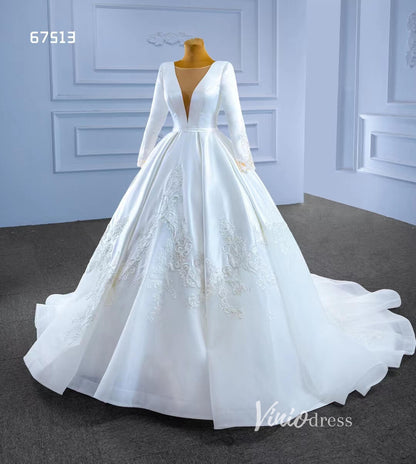 Modest Dubai Satin Wedding Dress Beaded Long Sleeve Ball Gown 67513-wedding dresses 2025 -Viniodress-Ivory-Custom Size-