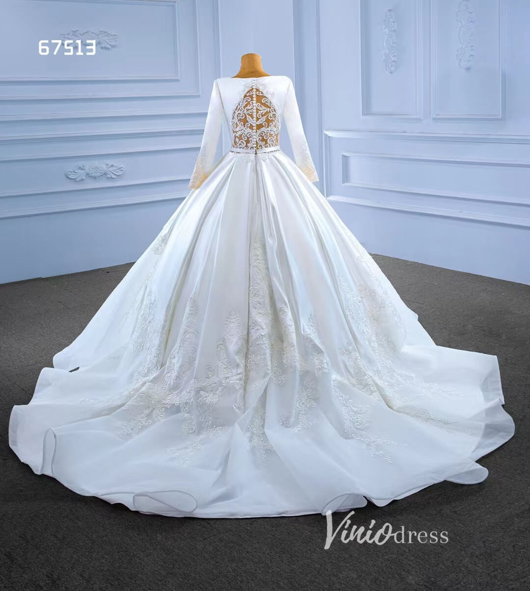 Modest Dubai Satin Wedding Dress Beaded Long Sleeve Ball Gown 67513-wedding dresses 2025 -Viniodress-Ivory-Custom Size-
