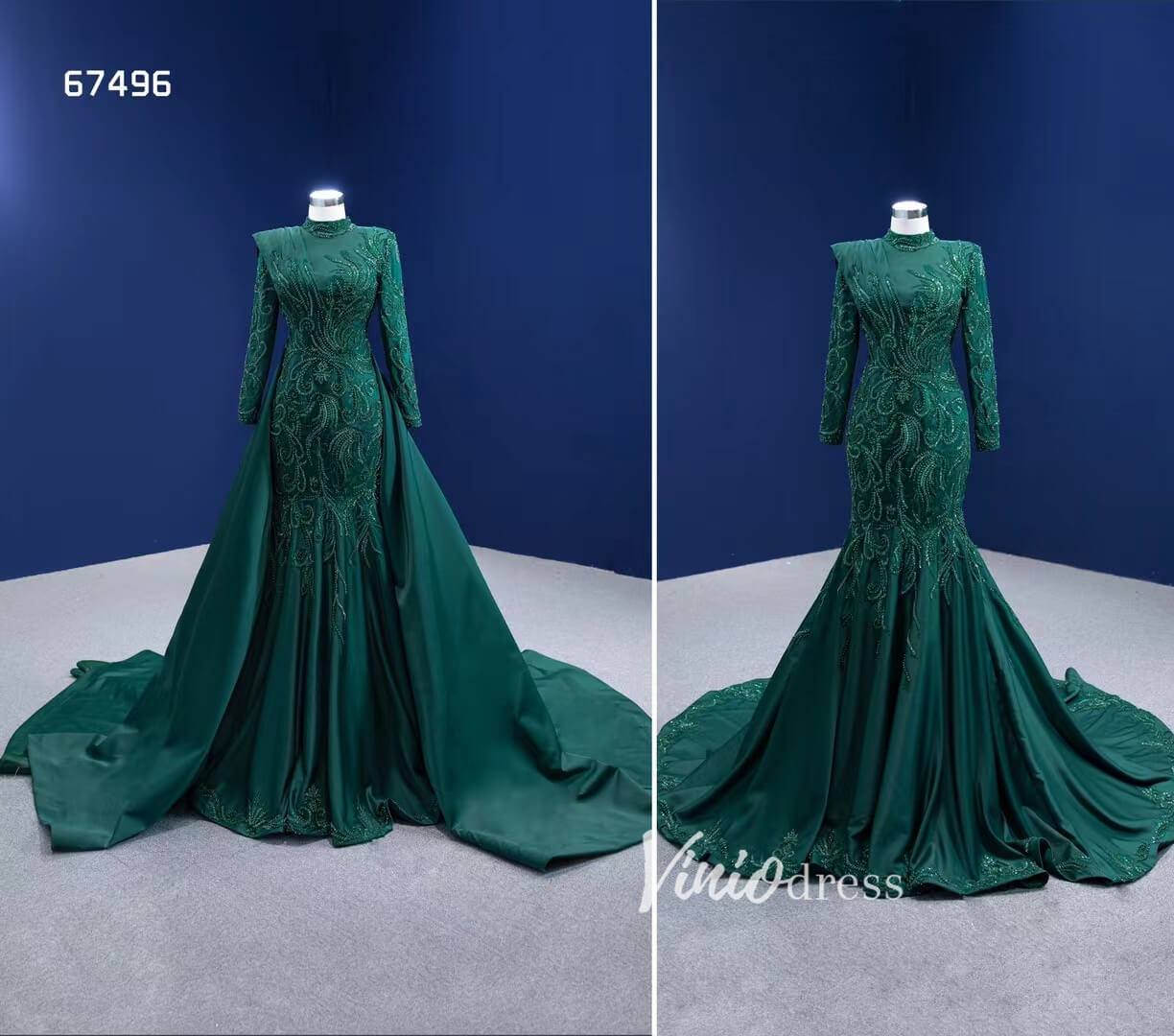 Modest Emerald Green Mermaid Wedding Dresses with Sleeves 67496-prom dresses 2025 -Viniodress-Emerald Green-Custom Size-