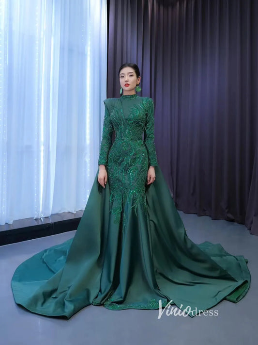 Modest Emerald Green Mermaid Wedding Dresses with Sleeves 67496-prom dresses 2025 -Viniodress-Emerald Green-Custom Size-