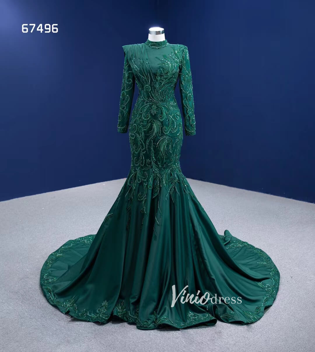 Prom Dress 2025 Modest Emerald Green Mermaid Wedding Dresses with Sleeves 67496-unique prom dresses-Emerald Green-Custom Size-Viniodress