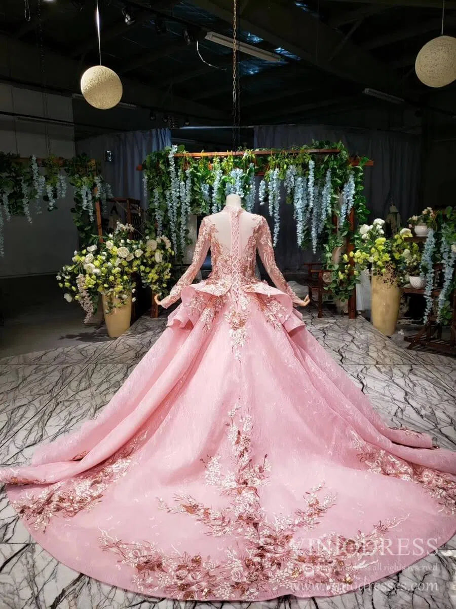 Quinceanera Dresses 2025 Modest Floral High Neck Pink Ball Gowns with Long Sleeves FD2311 viniodress-plus size wedding dresses Viniodress-As Picture-Custom Size-