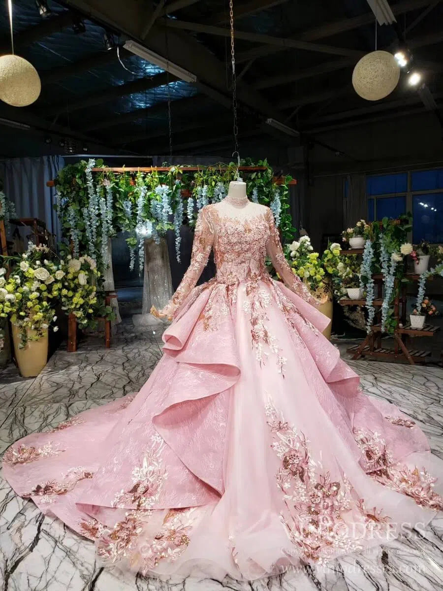 Quinceanera Dresses 2025 Modest Floral High Neck Pink Ball Gowns with Long Sleeves FD2311 viniodress-plus size wedding dresses Viniodress-As Picture-Custom Size-