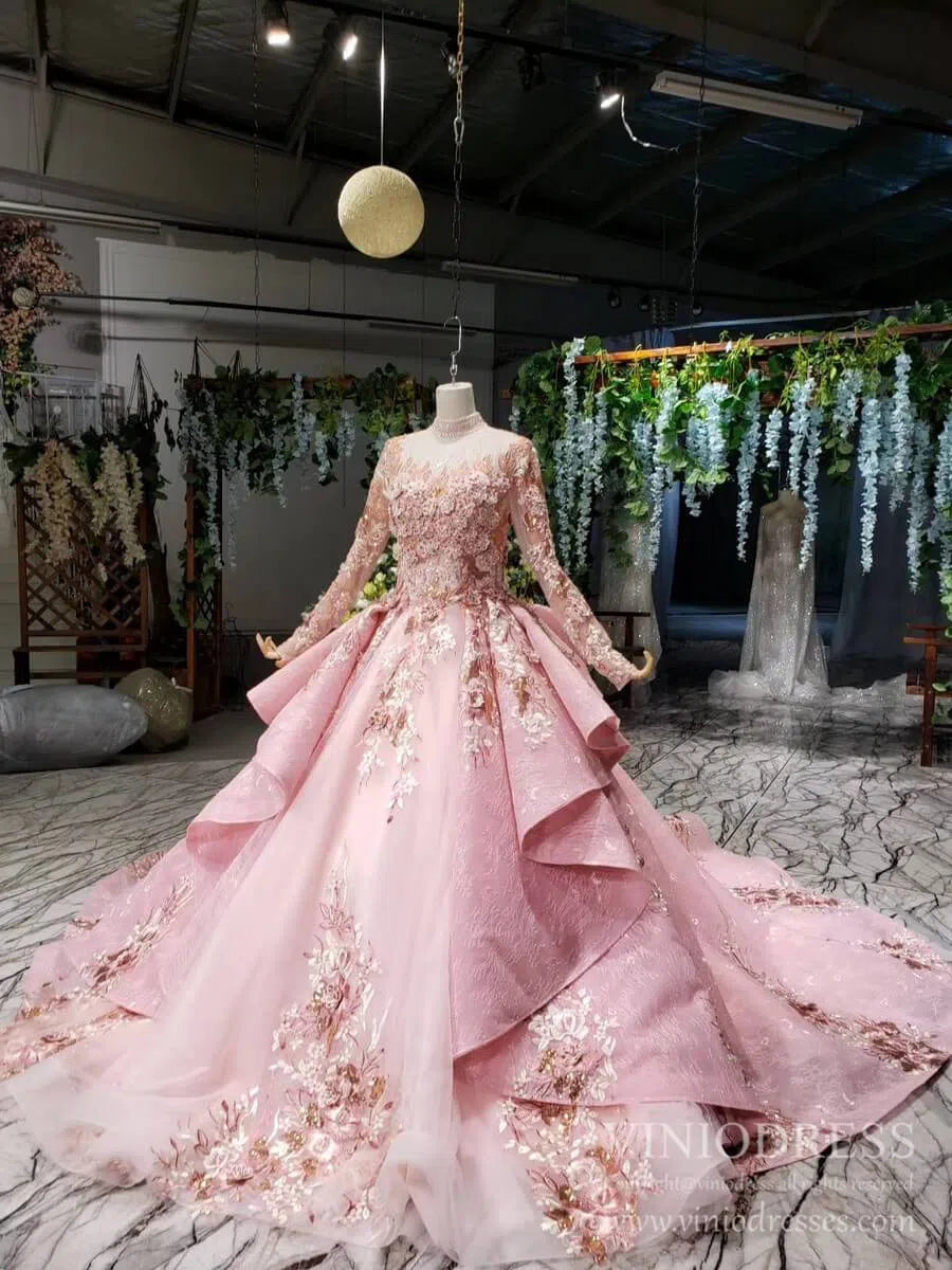 Quinceanera Dresses 2025 Modest Floral High Neck Pink Ball Gowns with Long Sleeves FD2311 viniodress-plus size wedding dresses Viniodress-As Picture-Custom Size-