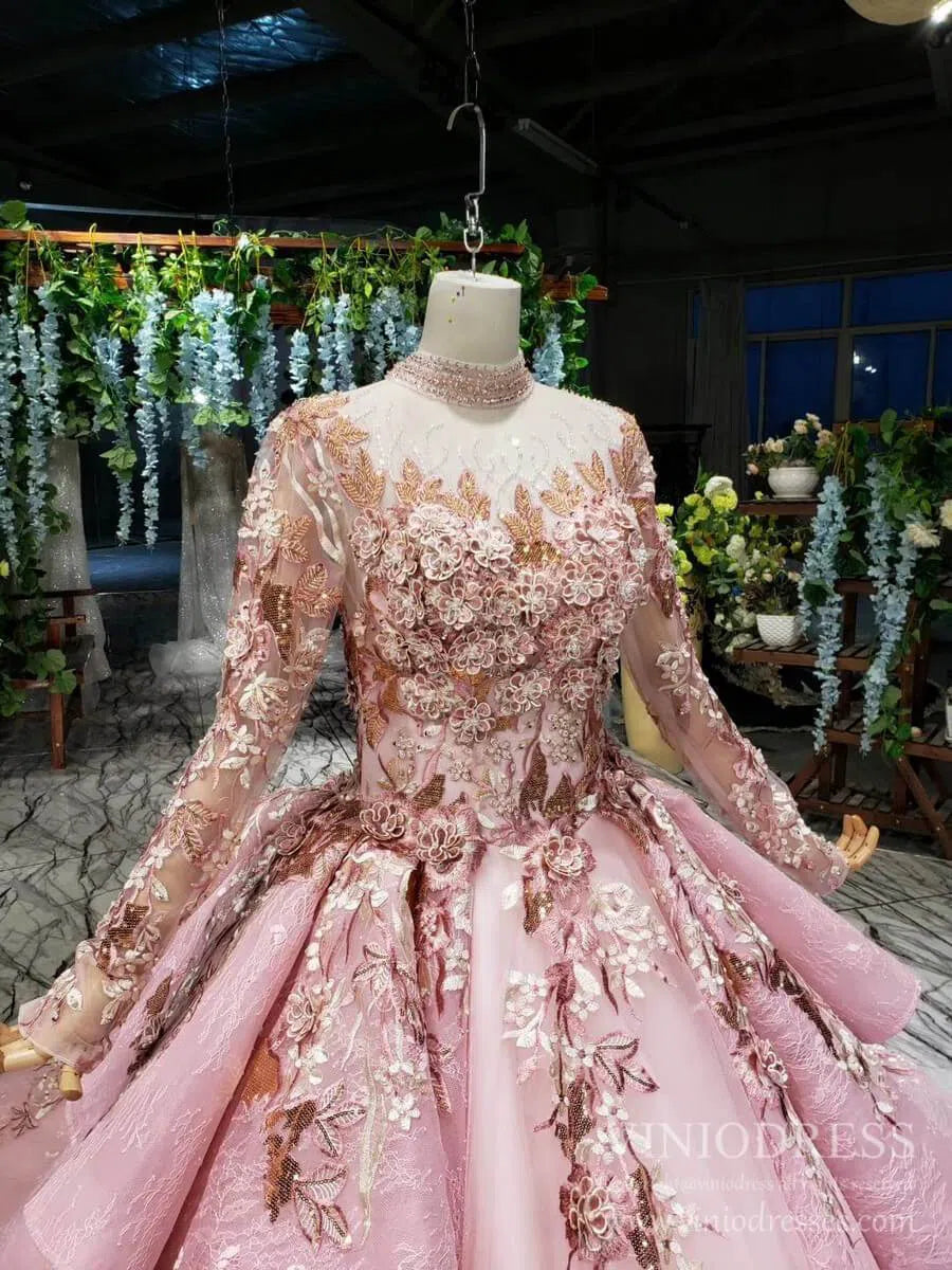 Quinceanera Dresses 2025 Modest Floral High Neck Pink Ball Gowns with Long Sleeves FD2311 viniodress-plus size wedding dresses Viniodress-As Picture-Custom Size-