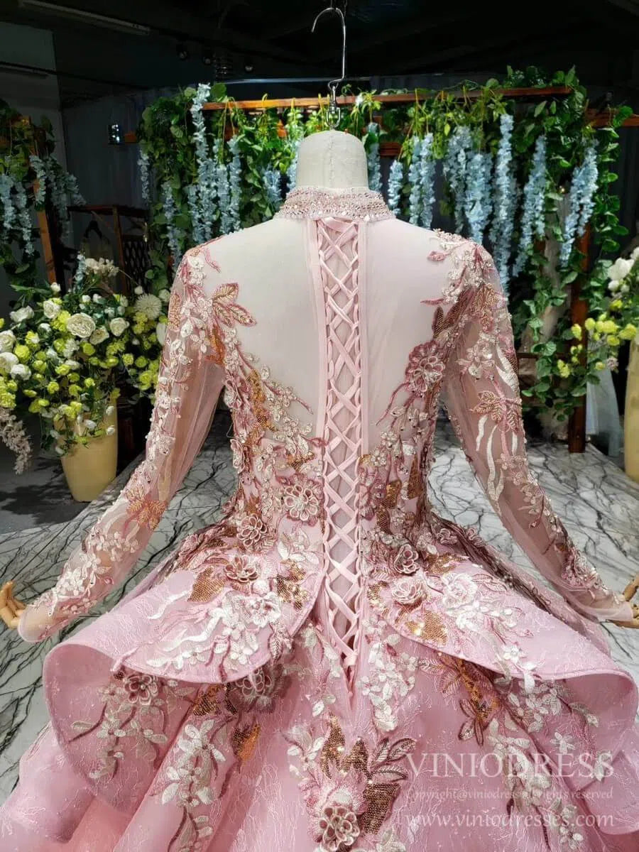 Quinceanera Dresses 2025 Modest Floral High Neck Pink Ball Gowns with Long Sleeves FD2311 viniodress-plus size wedding dresses Viniodress-As Picture-Custom Size-