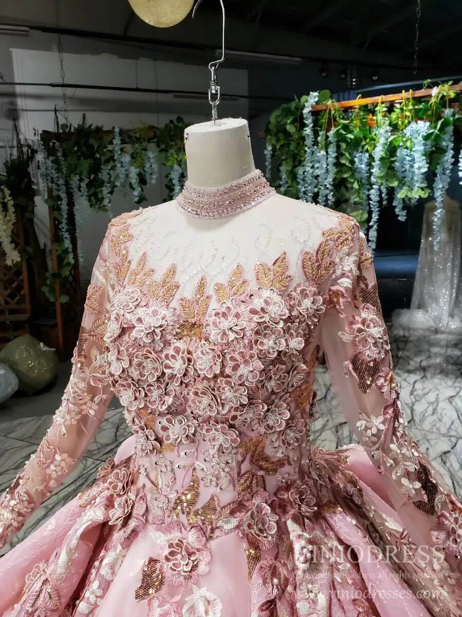 Quinceanera Dresses 2025 Modest Floral High Neck Pink Ball Gowns with Long Sleeves FD2311 viniodress-plus size wedding dresses Viniodress-As Picture-Custom Size-