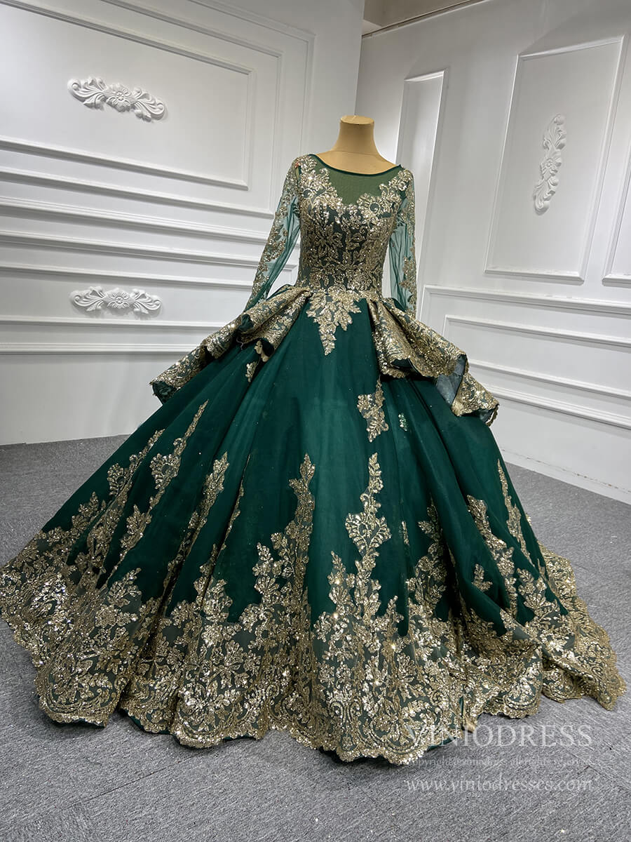 Sweep Train Gold Lace Ball Gown Wedding Dress 66949 VINIODRESS viniodress-Quinceanera Dresses 2025 -Viniodress-Emerald Green-Custom Size-