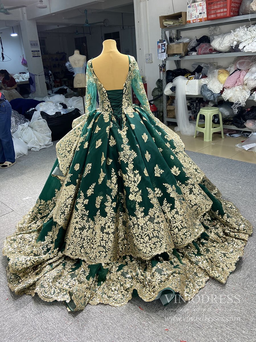 Sweep Train Gold Lace Ball Gown Wedding Dress 66949 VINIODRESS viniodress-Quinceanera Dresses 2025 -Viniodress-Green-Custom Size-