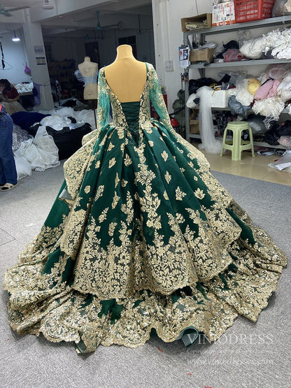 Sweep Train Gold Lace Ball Gown Wedding Dress 66949 VINIODRESS viniodress-Quinceanera Dresses 2025 -Viniodress-Green-Custom Size-