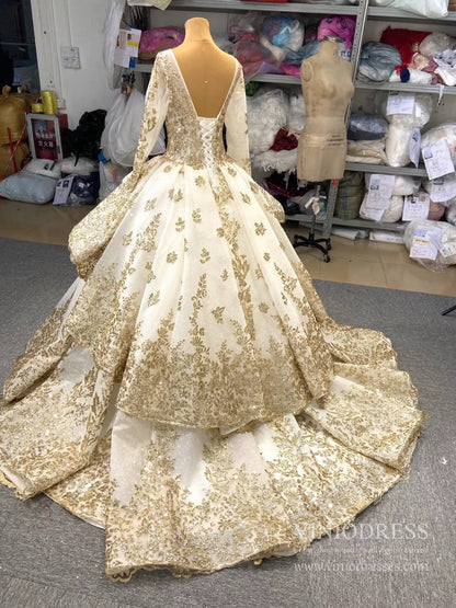 Sweep Train Gold Lace Ball Gown Wedding Dress 66949 VINIODRESS viniodress-Quinceanera Dresses 2025 -Viniodress-Green-Custom Size-