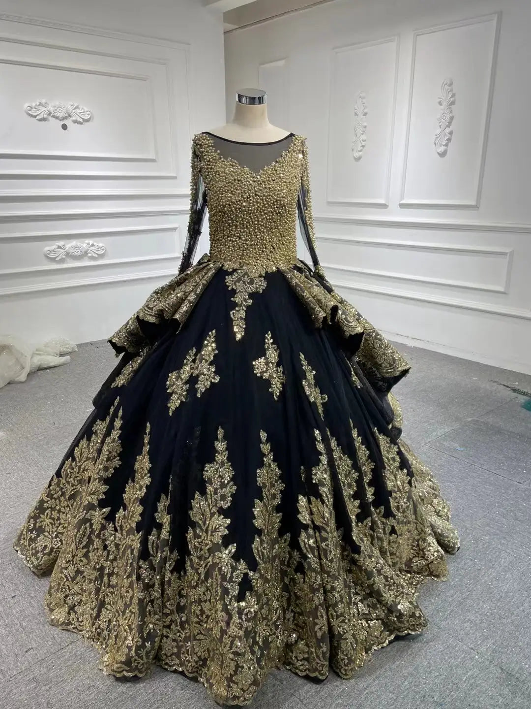 Modest Gold Lace Ball Gown Wedding Dress | Long Sleeve Sparkly Tulle Gown with Sweep Train 66949-Quinceanera Dresses 2026-Viniodress-Green-Custom Size-