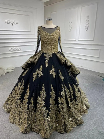 Modest Gold Lace Ball Gown Wedding Dress | Long Sleeve Sparkly Tulle Gown with Sweep Train 66949-Quinceanera Dresses 2026-Viniodress-Green-Custom Size-