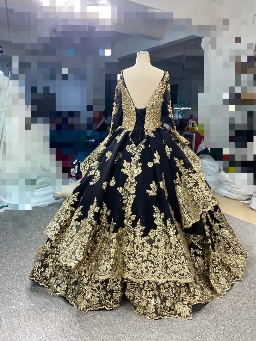 Modest Gold Lace Ball Gown Wedding Dress | Long Sleeve Sparkly Tulle Gown with Sweep Train 66949-Quinceanera Dresses 2026-Viniodress-Green-Custom Size-