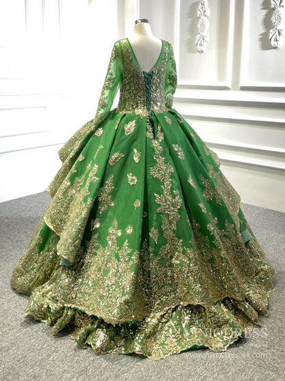 Sweep Train Gold Lace Ball Gown Wedding Dress 66949 VINIODRESS viniodress-Quinceanera Dresses 2025 -Viniodress-Green-Custom Size-