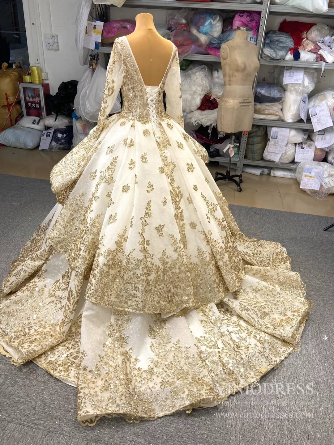 Modest Gold Lace Ball Gown Wedding Dress | Long Sleeve Sparkly Tulle G Viniodress Modest Gold Lace Ball Gown Wedding Dress | Long Sleeve Sparkly Tulle G Viniodress