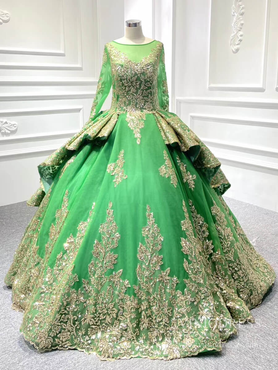 Sweep Train Gold Lace Ball Gown Wedding Dress 66949 VINIODRESS viniodress-Quinceanera Dresses 2025 -Viniodress-Green-Custom Size-