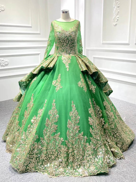 Sweep Train Gold Lace Ball Gown Wedding Dress 66949 VINIODRESS viniodress-Quinceanera Dresses 2025 -Viniodress-Green-Custom Size-