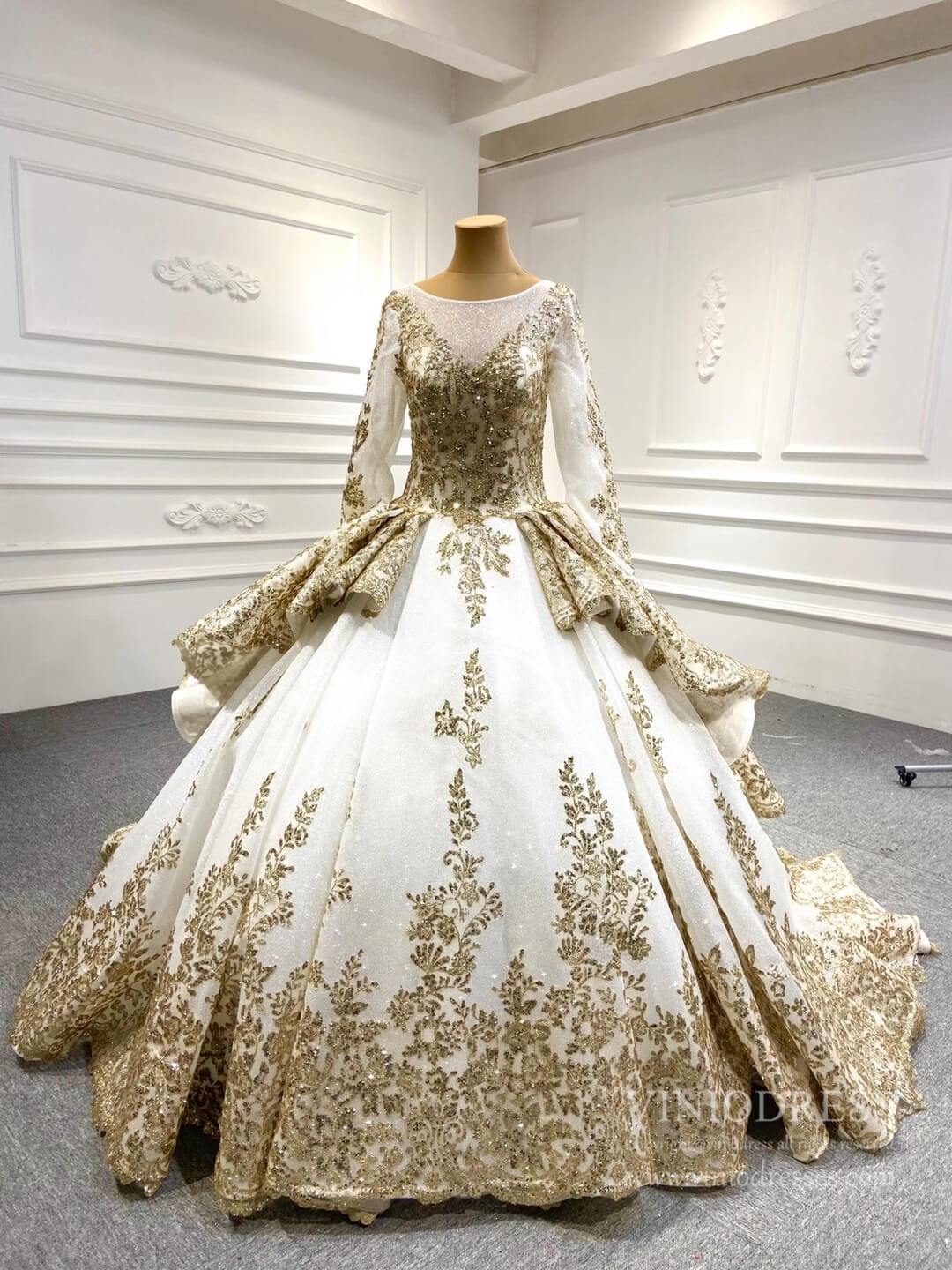 Sweep Train Gold Lace Ball Gown Wedding Dress 66949 VINIODRESS viniodress-Quinceanera Dresses 2025 -Viniodress-Ivory-Custom Size-