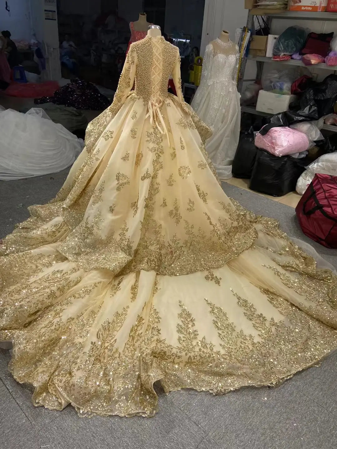 Modest Gold Lace Muslim Wedding Dress | High Neck Long Sleeve Ball Gown with 1.2m Train 66949-wedding dresses 2026-Viniodress-Light Gold-Custom Size-