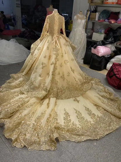 Modest Gold Lace Muslim Wedding Dress | High Neck Long Sleeve Ball Gown with 1.2m Train 66949-wedding dresses 2026-Viniodress-Light Gold-Custom Size-