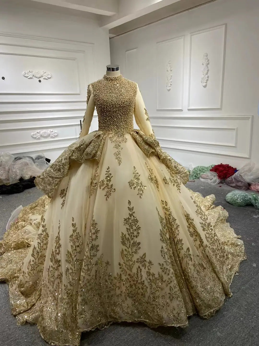 Modest Gold Lace Muslim Wedding Dress | High Neck Long Sleeve Ball Gown with 1.2m Train 66949-wedding dresses 2026-Viniodress-Light Gold-Custom Size-