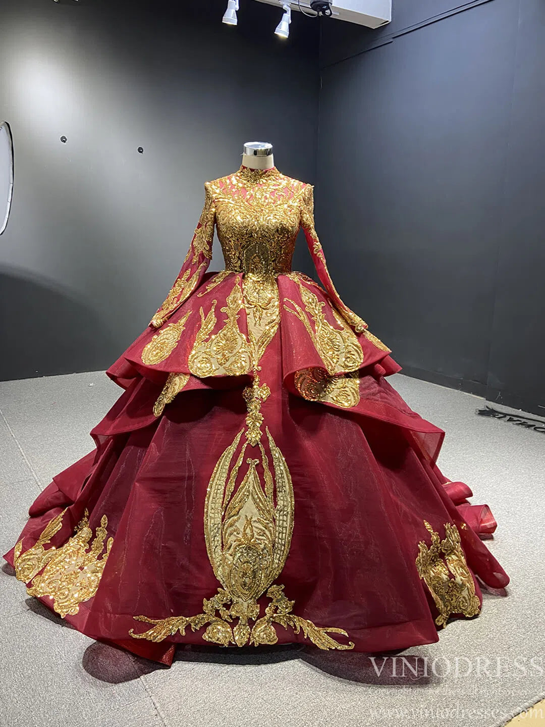 Modest Gold Long Sleeve Gown Wedding Dresses 67024 High Neck-Quinceanera Dresses 2025 -Viniodress-Burgundy-Custom Size-