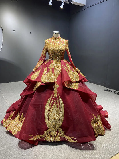 Modest Gold Long Sleeve Gown Wedding Dresses 67024 High Neck-Quinceanera Dresses 2025 -Viniodress-Burgundy-Custom Size-