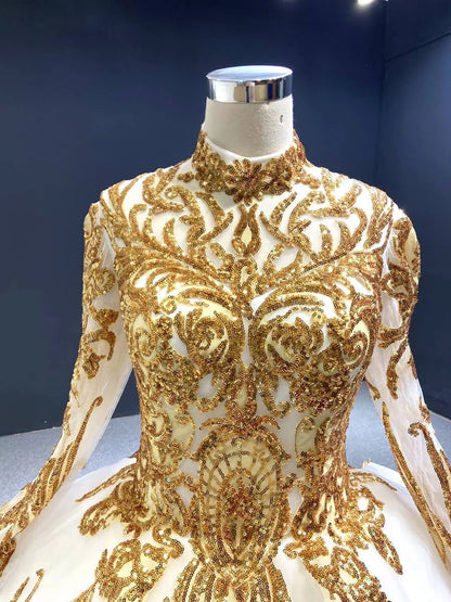 Modest Gold Long Sleeve Gown Wedding Dresses 67024 High Neck-Quinceanera Dresses 2025 -Viniodress-Ivory-Custom Size-