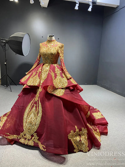 Modest Gold Long Sleeve Gown Wedding Dresses 67024 High Neck-Quinceanera Dresses 2025 -Viniodress-Ivory-Custom Size-