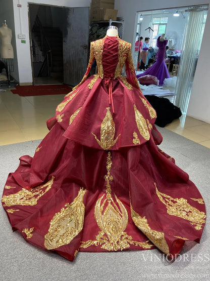 Modest Gold Long Sleeve Gown Wedding Dresses 67024 High Neck-Quinceanera Dresses 2025 -Viniodress-Ivory-Custom Size-