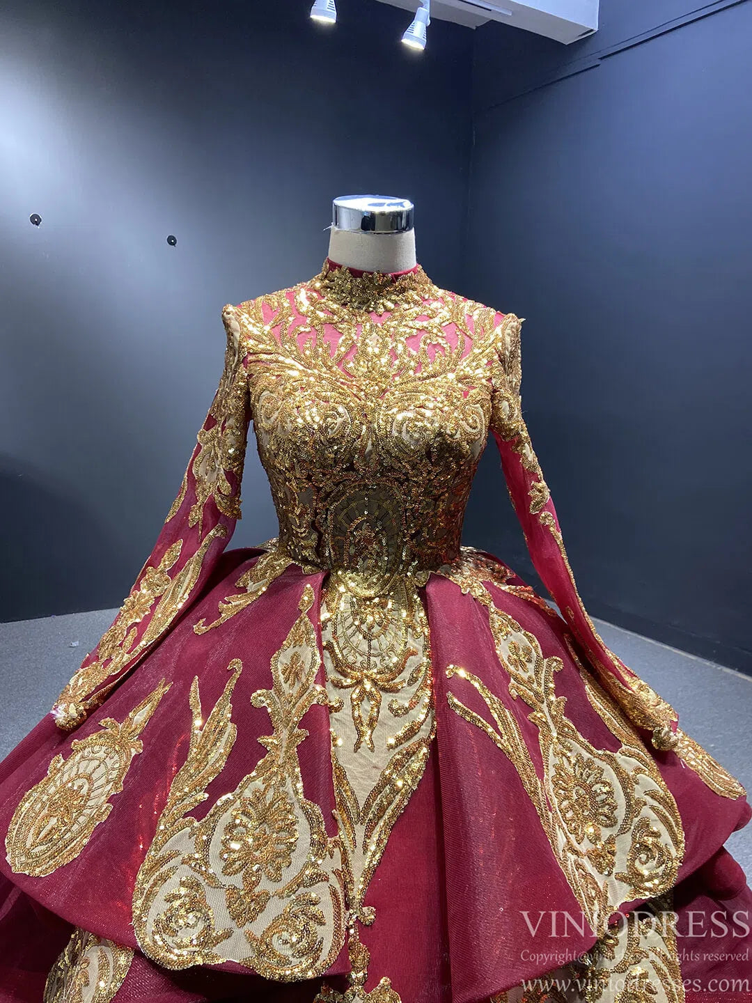 Modest Gold Long Sleeve Gown Wedding Dresses 67024 High Neck-Quinceanera Dresses 2025 -Viniodress-Ivory-Custom Size-