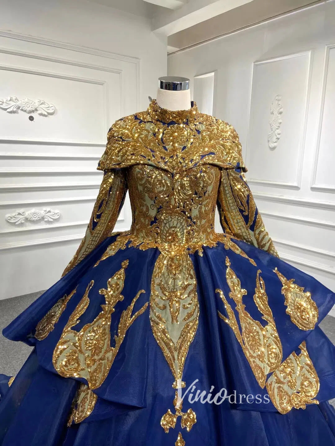 Modest Gold Long Sleeve Gown Wedding Dresses 67024 High Neck-Quinceanera Dresses 2025 -Viniodress-Ivory-Custom Size-