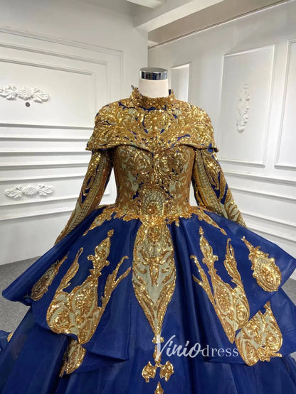 Modest Gold Long Sleeve Gown Wedding Dresses 67024 High Neck-Quinceanera Dresses 2025 -Viniodress-Ivory-Custom Size-