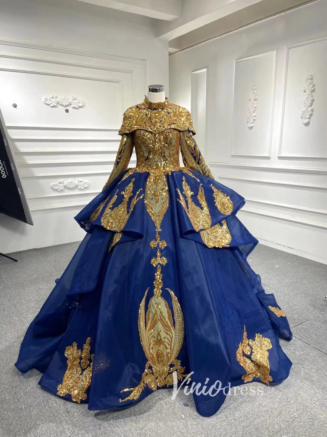 Modest Gold Long Sleeve Gown Wedding Dresses 67024 High Neck-Quinceanera Dresses 2025 -Viniodress-Ivory-Custom Size-