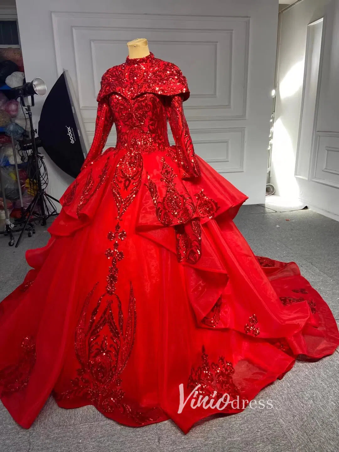 Modest Gold Long Sleeve Gown Wedding Dresses 67024 High Neck-Quinceanera Dresses 2025 -Viniodress-Ivory-Custom Size-