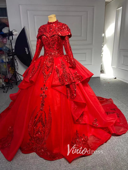 Modest Gold Long Sleeve Gown Wedding Dresses 67024 High Neck-Quinceanera Dresses 2025 -Viniodress-Ivory-Custom Size-