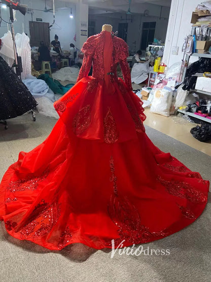 Modest Gold Long Sleeve Gown Wedding Dresses 67024 High Neck-Quinceanera Dresses 2025 -Viniodress-Ivory-Custom Size-