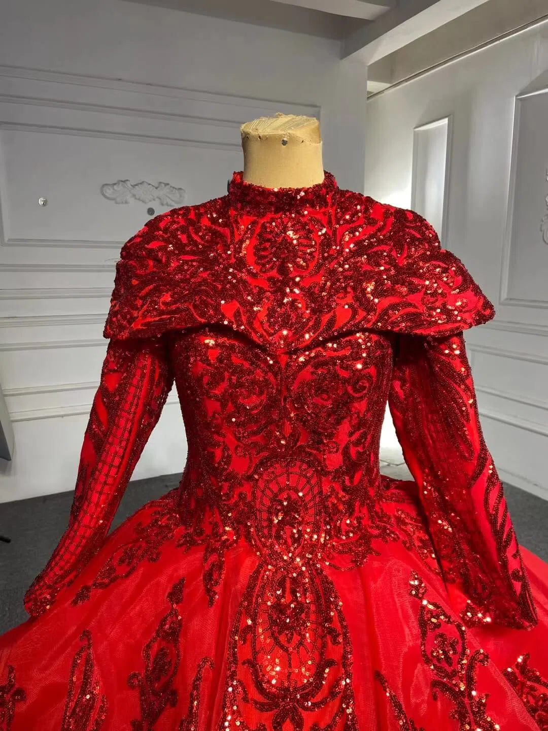 Modest Gold Long Sleeve Gown Wedding Dresses 67024 High Neck-Quinceanera Dresses 2025 -Viniodress-Ivory-Custom Size-